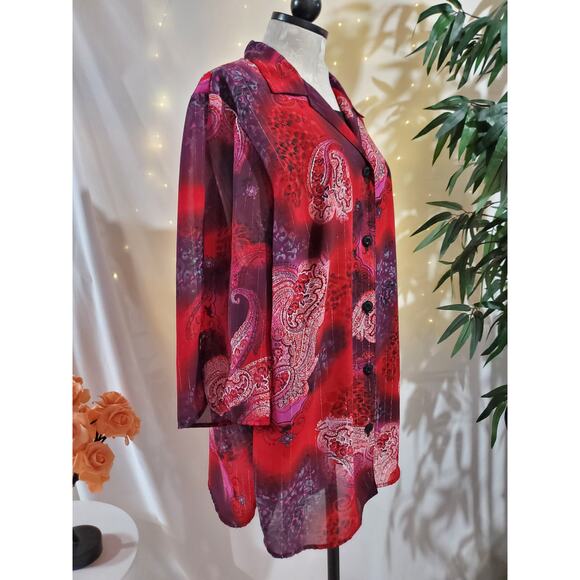 Maggie Barnes Vtg Sheer Paisley Sparkle Stripe Blouse Womens Plus Size 20W Red - Picture 2 of 10
